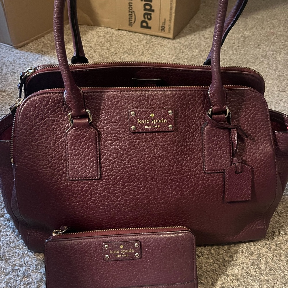 Kate Spade Plum Leather Lydia Satchel and Nisha Wallet